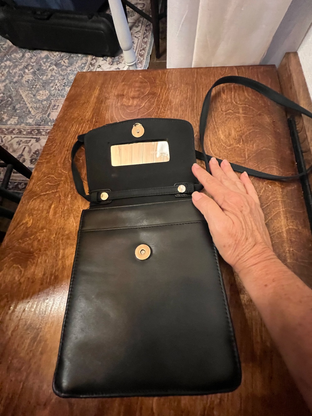 Leather Black Crossbody Bag Mirror Accent, Credit Card Slots, Snap Closure